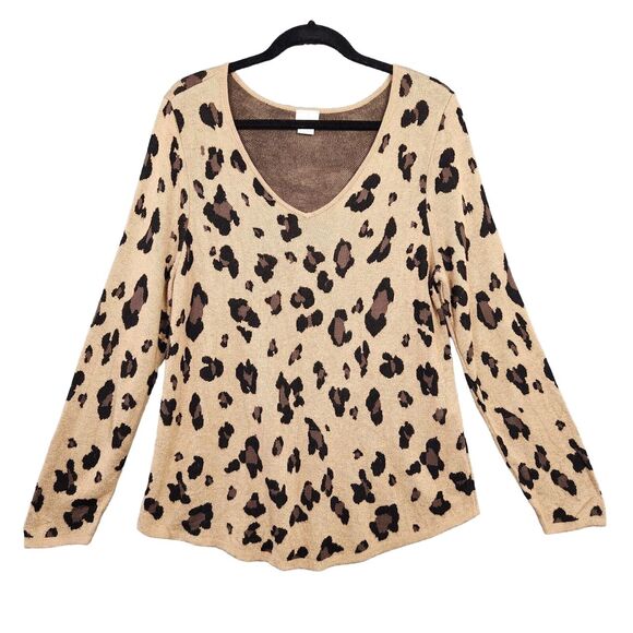 CHICOS Tan Leopard Animal Print Long Sleeve V-Neck Sweater SIZE 2 US LARGE - Picture 1 of 11